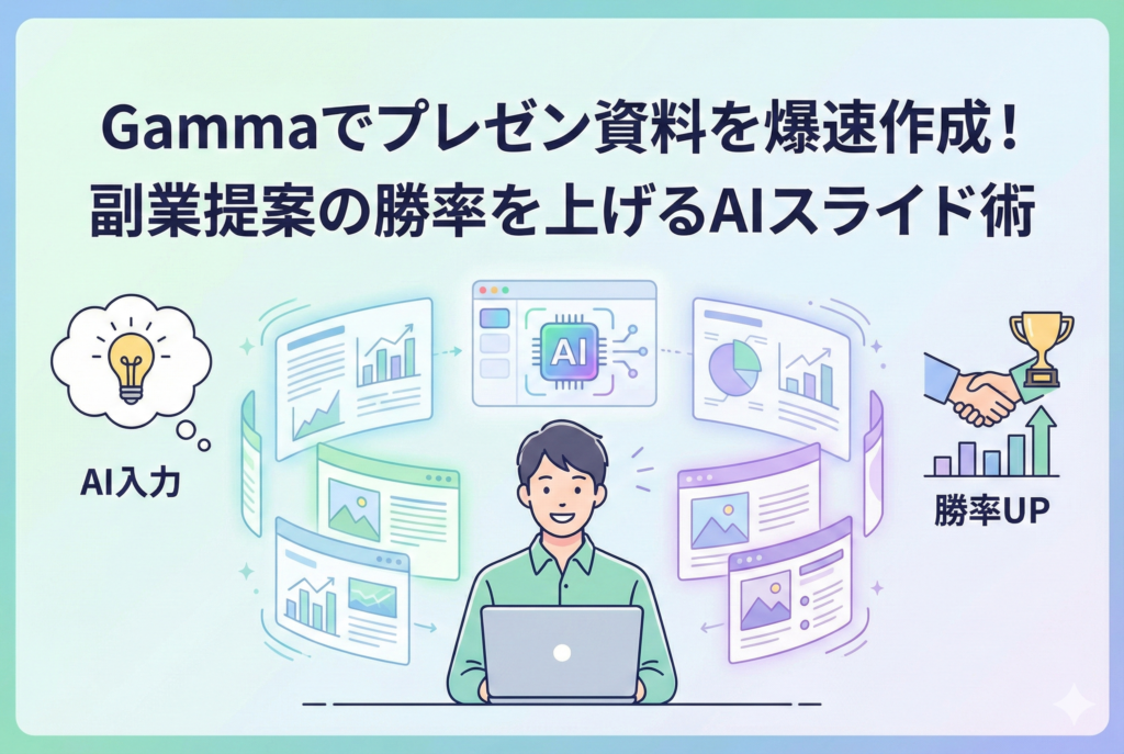 パソコンを操作する男性の周りに、AIが生成したグラフや図解入りのプレゼン資料がホログラムのように浮かび上がり、右側には「勝率UP」を象徴するトロフィーと握手のアイコンが描かれた、AIによる効率的な資料作成をイメージしたイラスト。