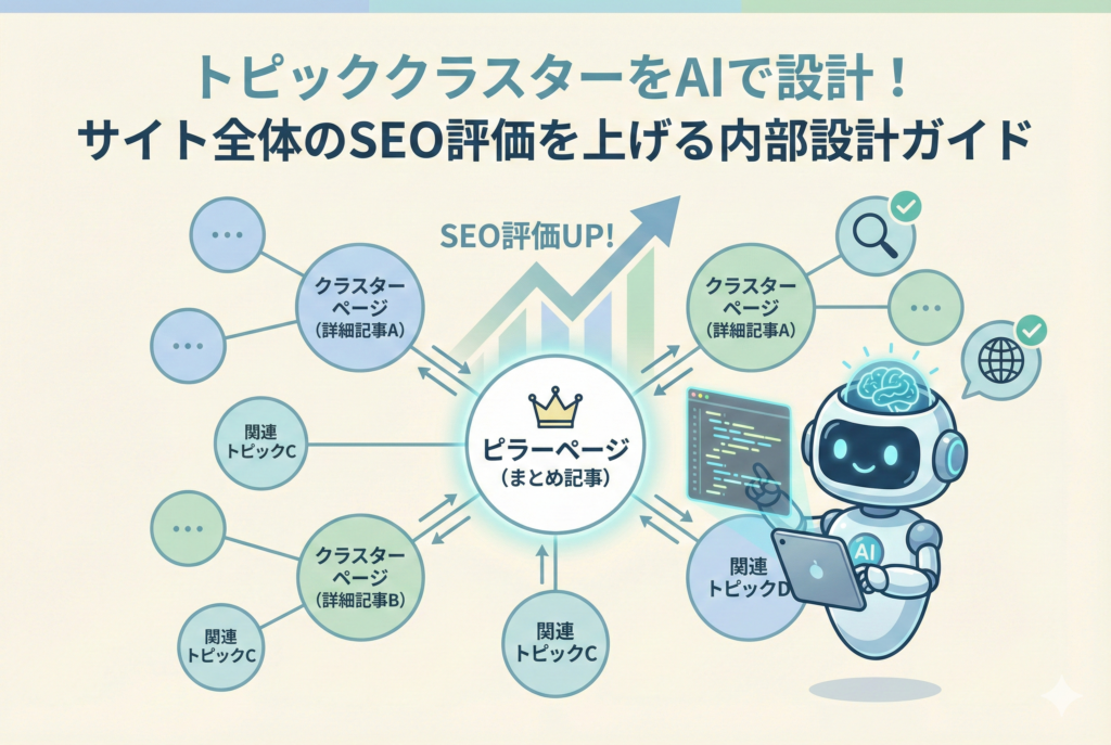 AIロボットがトピッククラスター構造を設計しているイラストのアイキャッチ画像。中央の「ピラーページ(まとめ記事)」を核として、周囲の「クラスターページ(詳細記事)」が内部リンクで相互につながり、サイト全体のSEO評価が向上していく様子が視覚化されている。タイトル文字は「トピッククラスターをAIで設計!サイト全体のSEO評価を上げる内部設計ガイド」。