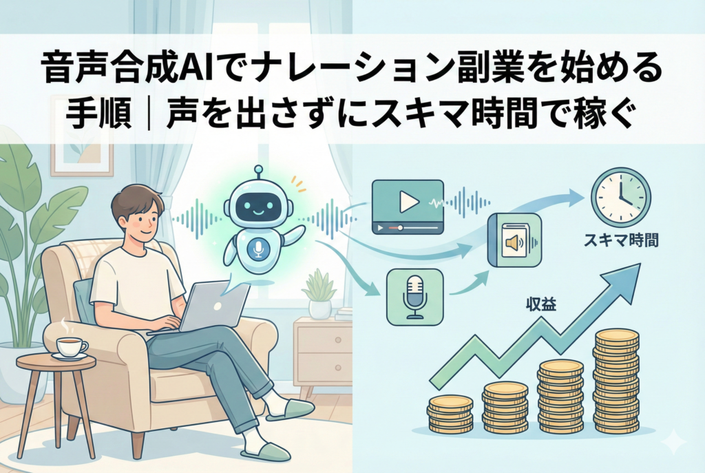 音声合成AIを活用したナレーション副業の始め方を解説するアイキャッチ画像。パソコンを操作する人物の横でAIロボットが声を生成し、基礎から収益化までの3つのステップがロードマップ形式で描かれた、清潔感のある精緻なイラスト。