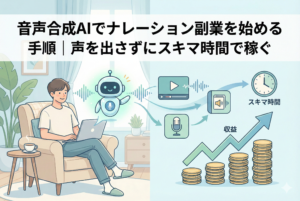 音声合成AIを活用したナレーション副業の始め方を解説するアイキャッチ画像。パソコンを操作する人物の横でAIロボットが声を生成し、基礎から収益化までの3つのステップがロードマップ形式で描かれた、清潔感のある精緻なイラスト。