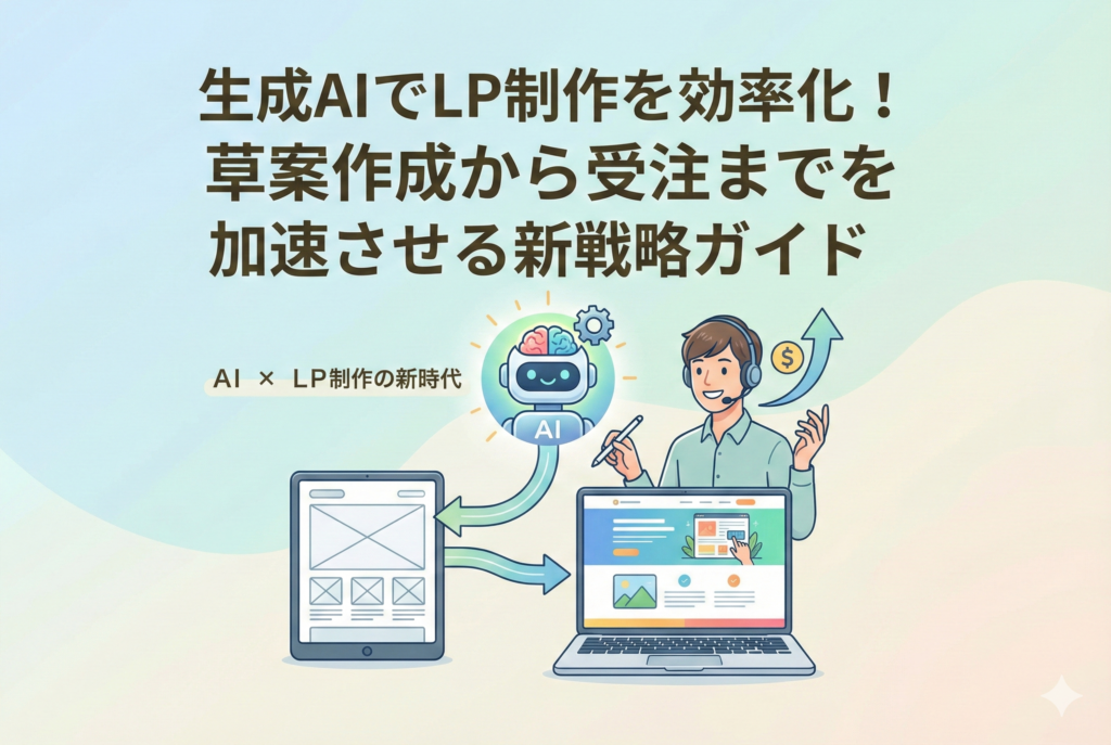 「生成AIでLP制作を効率化!草案作成から受注までを加速させる新戦略ガイド」というタイトルのアイキャッチ画像。中央のAIロボットのアイコンから、左側のタブレット端末に表示されたLPのワイヤーフレーム(草案)、そして右側のノートパソコンに表示された完成したLPへと矢印が繋がっている。右側ではクリエイターの男性が笑顔で上昇する収益グラフを指差しており、AIを活用した制作フローの効率化と成果向上を表現している。