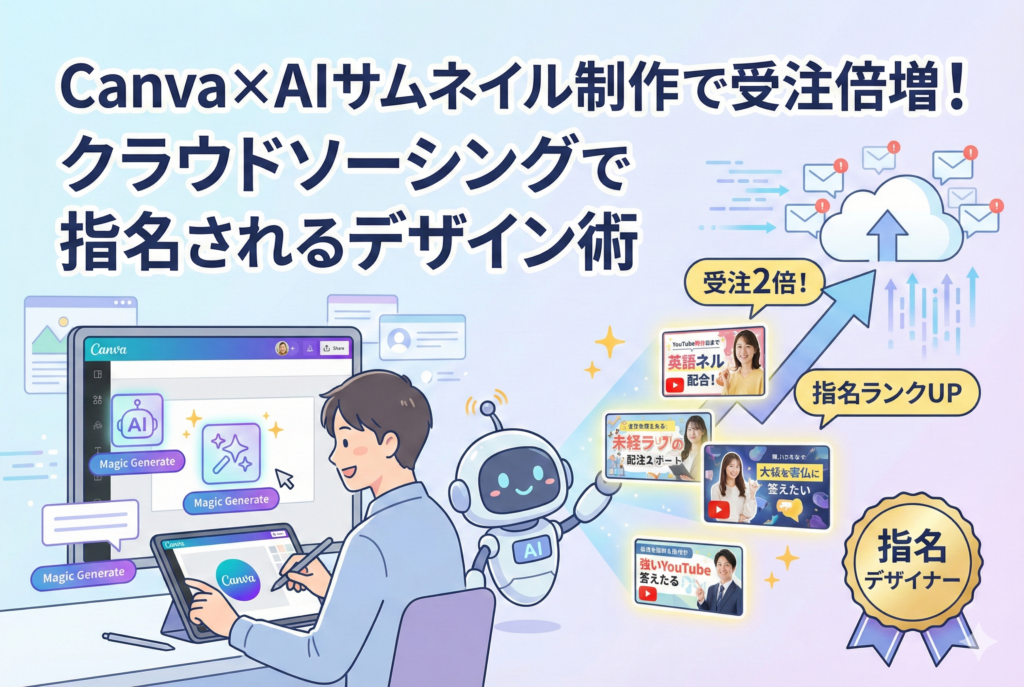 CanvaとAIを掛け合わせたサムネイル制作で受注倍増を目指すプロセスを描いたアイキャッチ。PCで作業するクリエイターとAIロボット、そして基礎から収益化までのロードマップが視覚的に表現されている。