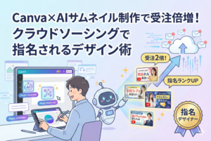 CanvaとAIを掛け合わせたサムネイル制作で受注倍増を目指すプロセスを描いたアイキャッチ。PCで作業するクリエイターとAIロボット、そして基礎から収益化までのロードマップが視覚的に表現されている。