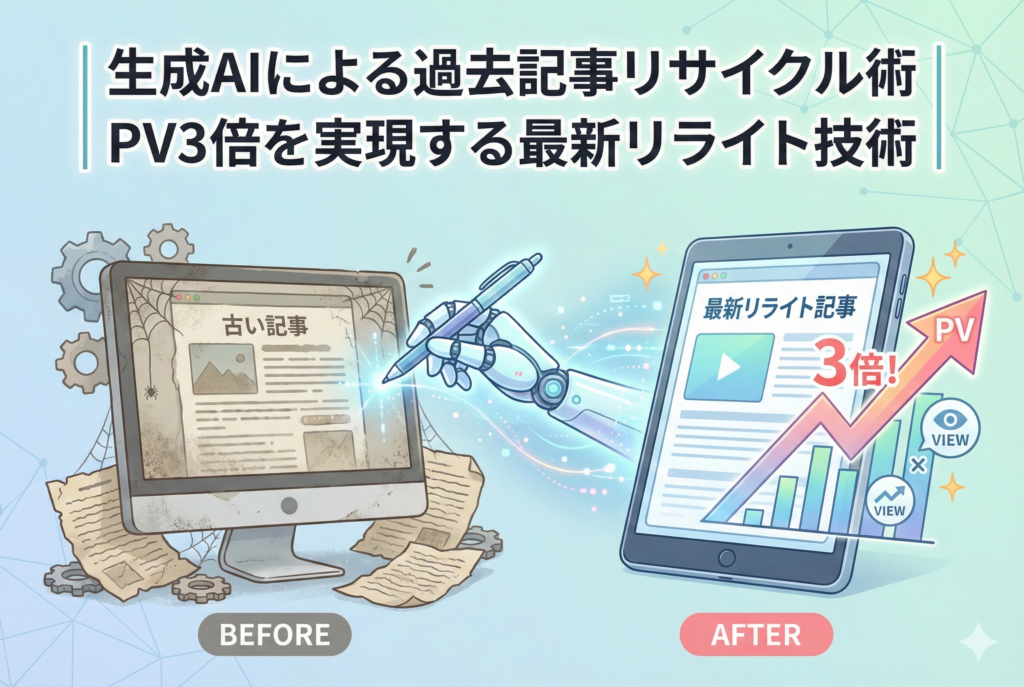 古いブログ記事の束が生成AIの力によって最新のコンテンツへと生まれ変わり、アクセス数(PV)を示すグラフが劇的に右肩上がりで伸びていく様子を描いた、清潔感のあるビジネスイラスト