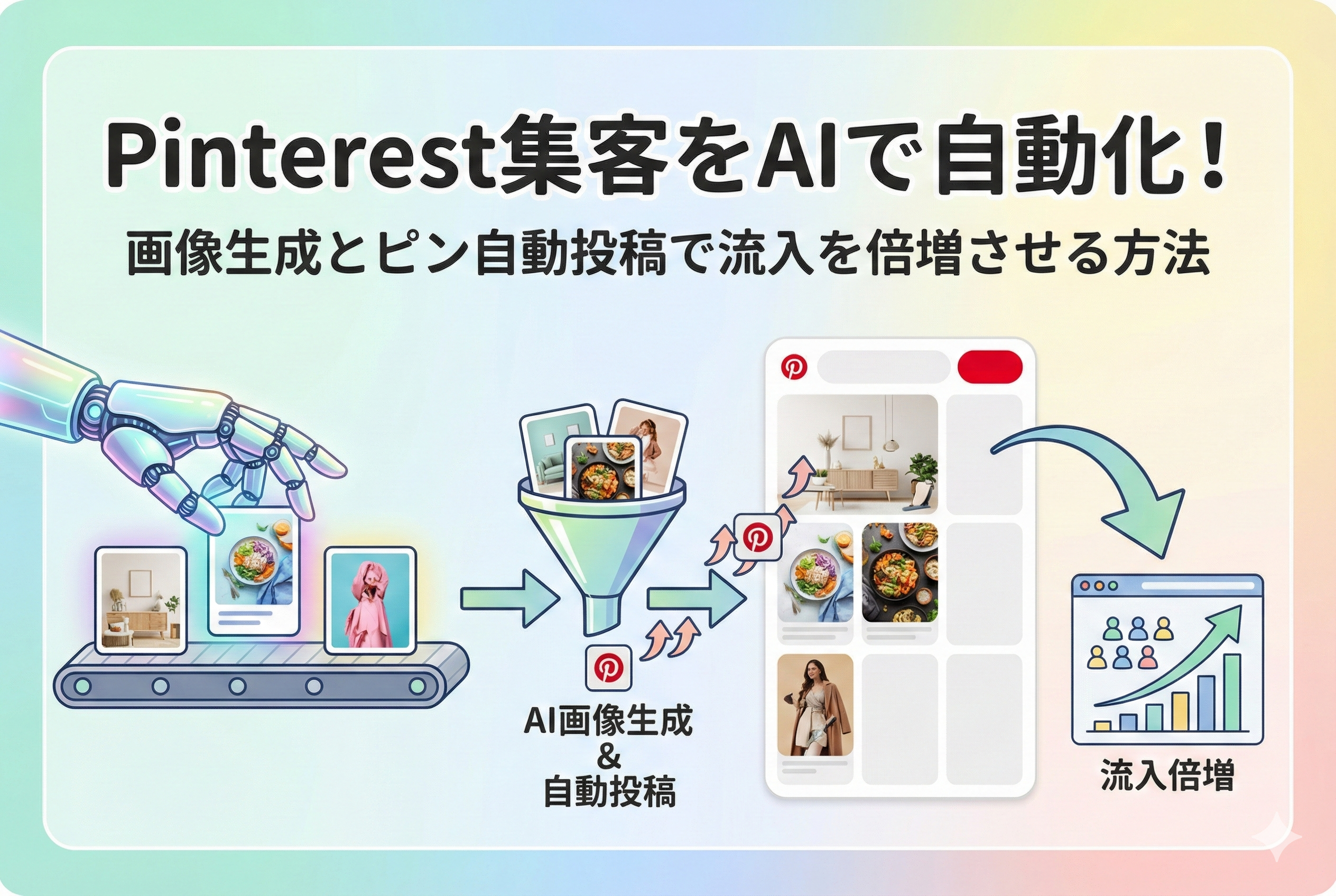 AIロボットの腕が画像を生成し、それがPinterestのボードを経由してウェブサイトのアクセスグラフを右肩上がりに伸ばしていく様子を描いた、清潔感のあるイラスト。「Pinterest集客をAIで自動化！」という日本語の見出しが入ったアイキャッチ画像です。
