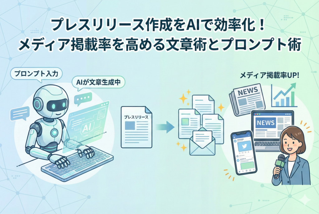 AIを活用したプレスリリース作成の効率化と、メディア掲載率向上の流れを示すイラスト。「プレスリリース作成をAIで効率化!メディア掲載率を高める文章術とプロンプト術」のタイトル文字入り。
