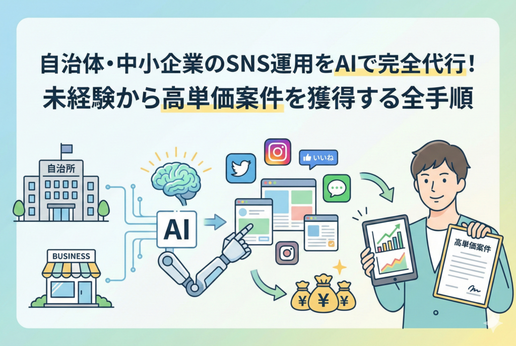 自治体や中小企業の建物からAIへとラインが繋がり、SNS投稿の生成や収益化を経て、最終的にタブレットと「高単価案件」の契約書を手にした男性が笑顔で立っている様子を描いた図解イラスト。上部には「自治体・中小企業のSNS運用をAIで完全代行！未経験から高単価案件を獲得する全手順」という見出しが入っています。