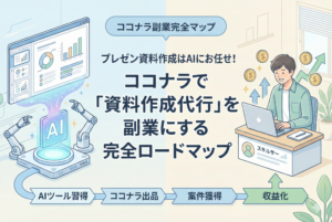 AIがパソコン画面にプロフェッショナルなプレゼン資料を自動生成し、それを受け取った男性がココナラを通じて収益（金貨と上昇グラフ）を得ている様子を描いた図解イラスト。下部には「AIツール習得 → ココナラ出品 → 案件獲得 → 収益化」というステップが示され、中央に記事タイトルが大きく配置されています。