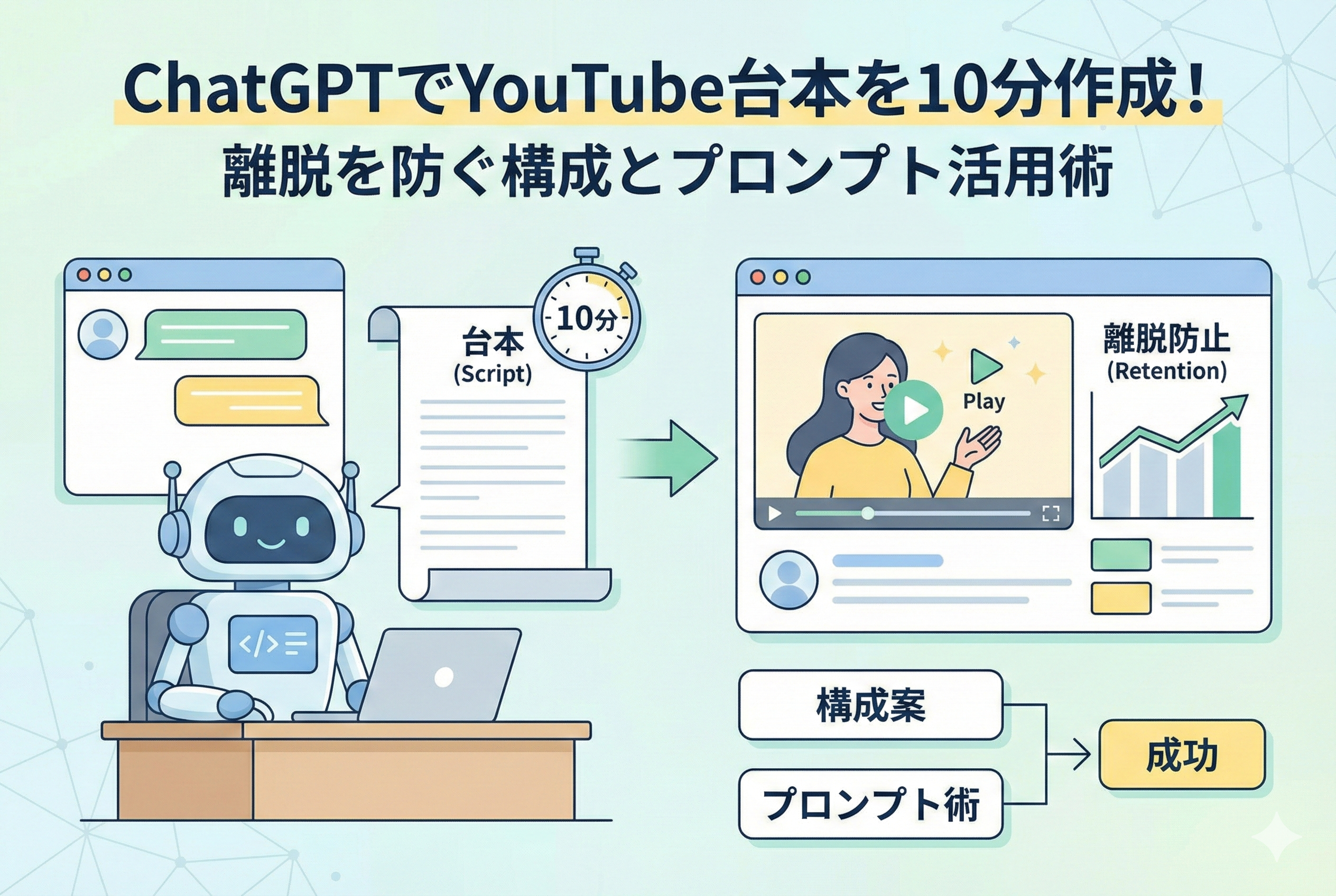 ChatGPTを活用してYouTube動画の台本を10分で作成し、視聴者の離脱を防いで成功につなげる流れを図解したイラスト。左側のAIロボットがチャットで指示を受けて台本を素早く生成し、それが右側の動画プレイヤーで再生され、維持率のグラフが上昇する様子が描かれている。