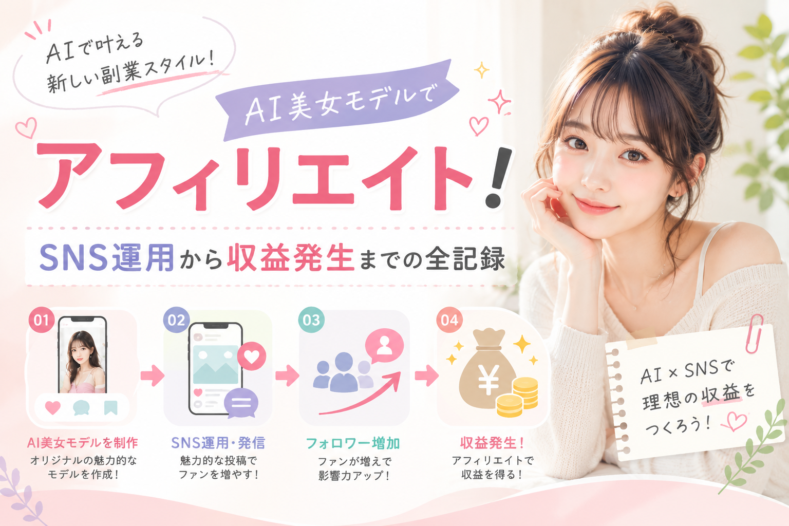 AI美女モデルを活用したSNS運用からフォロワー増加、アフィリエイト収益化までの流れを、スマホ画面や収益アイコンでわかりやすく表現したアイキャッチ画像。