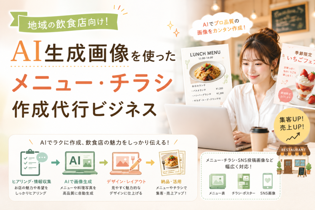 地域の飲食店向けに、AI生成画像を活用してメニュー表やチラシ、SNS投稿画像を作成する代行ビジネスの流れを表現したアイキャッチ画像。