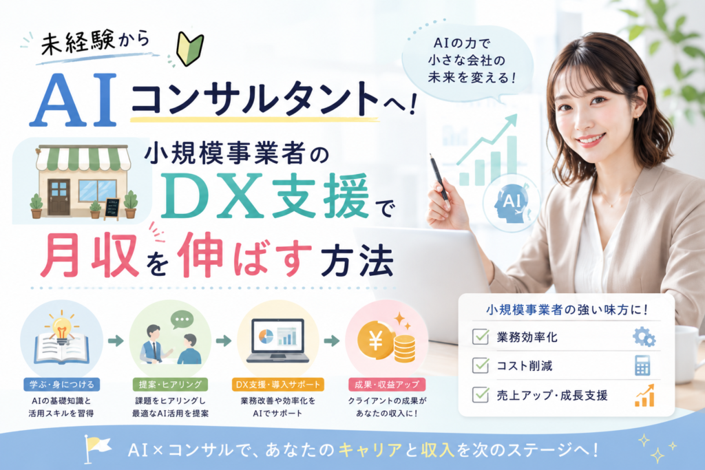 未経験からAIコンサルタントを目指し、小規模事業者のDX支援を通じて業務効率化や売上アップ、月収アップにつなげる流れを表現したアイキャッチ画像。