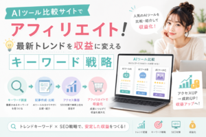 AIツール比較サイトを活用したアフィリエイト収益化の流れを、キーワード調査、記事作成、アクセス集客、成約アップのステップで表現したアイキャッチ画像。