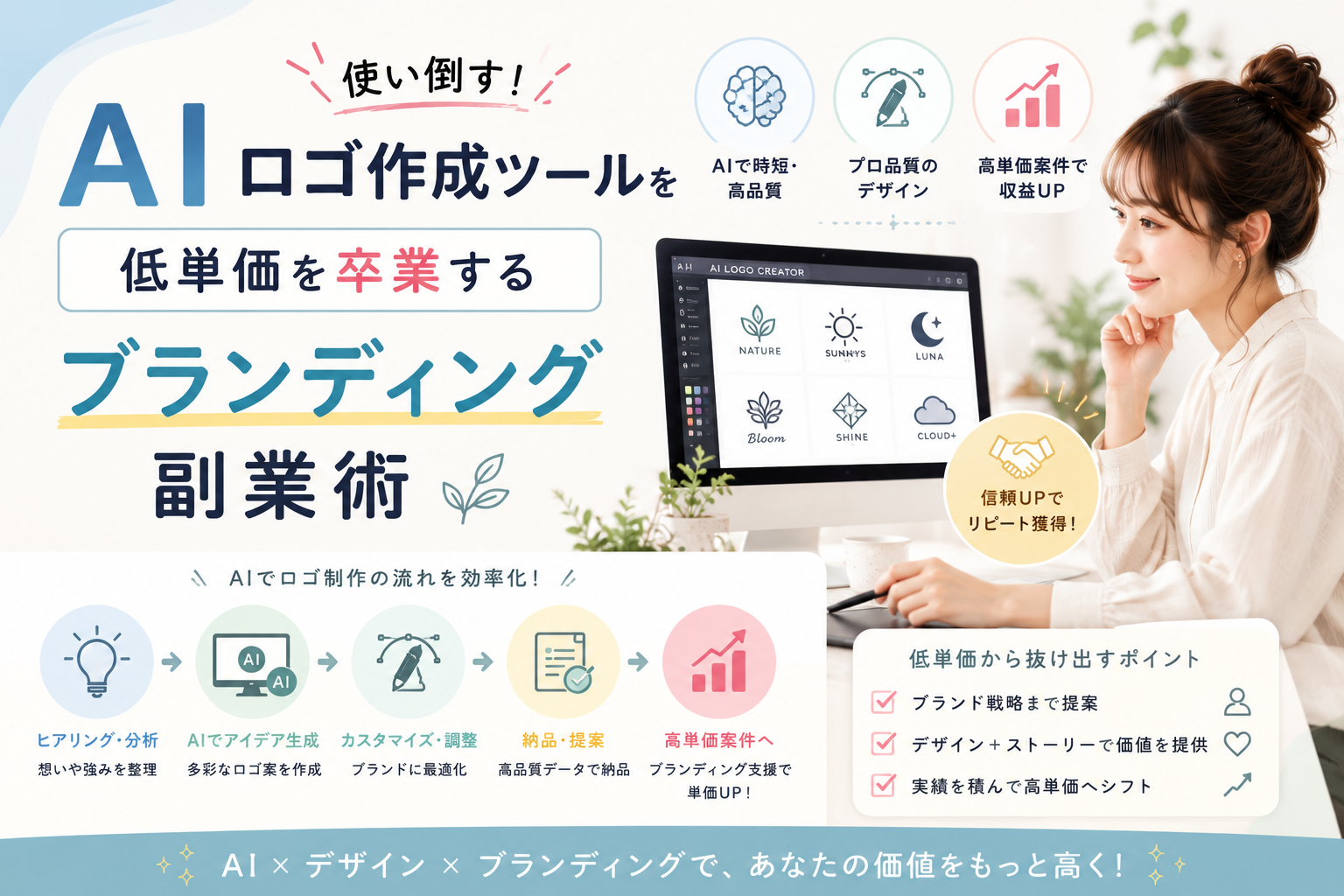 自分の声をAIに学習させ、AIナレーターとして動画や広告、オーディオブック向けの音声を販売して収益化する流れを表現したアイキャッチ画像。