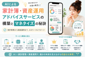AIを活用した家計簿管理と資産運用アドバイスサービスの構築から、サブスク課金や有料レポート販売、アフィリエイト連携によるマネタイズまでの流れを表現したアイキャッチ画像。
