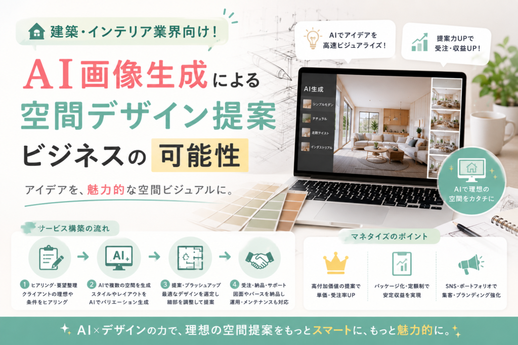 AI画像生成を活用して建築・インテリア業界向けに空間デザイン案を作成し、提案力向上や受注・収益化につなげる流れを表現したアイキャッチ画像。