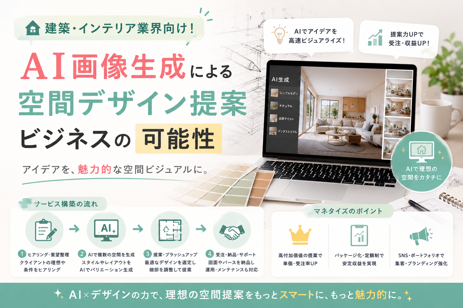 AI画像生成を活用して建築・インテリア業界向けに空間デザイン案を作成し、提案力向上や受注・収益化につなげる流れを表現したアイキャッチ画像。