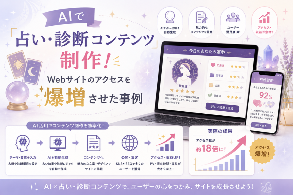 AIを活用して占い・診断コンテンツを制作し、Webサイトのアクセス増加やユーザー満足度向上、収益化につなげる流れを表現したアイキャッチ画像。