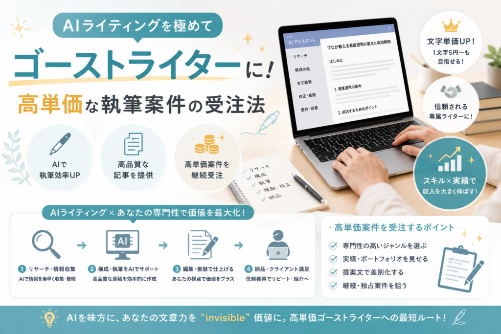 AIライティングを活用して執筆効率を高め、専門性や編集力を加えて高単価なゴーストライター案件を受注する流れを表現したアイキャッチ画像。