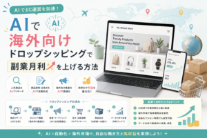 AIを活用して海外向けEC運営やドロップシッピングを効率化し、商品リサーチ、集客、注文連携、商品発送、利益改善までの流れを表現したアイキャッチ画像。