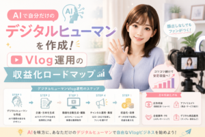 AIで自分だけのデジタルヒューマンを作成し、Vlog運用から集客、ファン化、広告収益やアフィリエイトなどの収益化につなげる流れを表現したアイキャッチ画像。