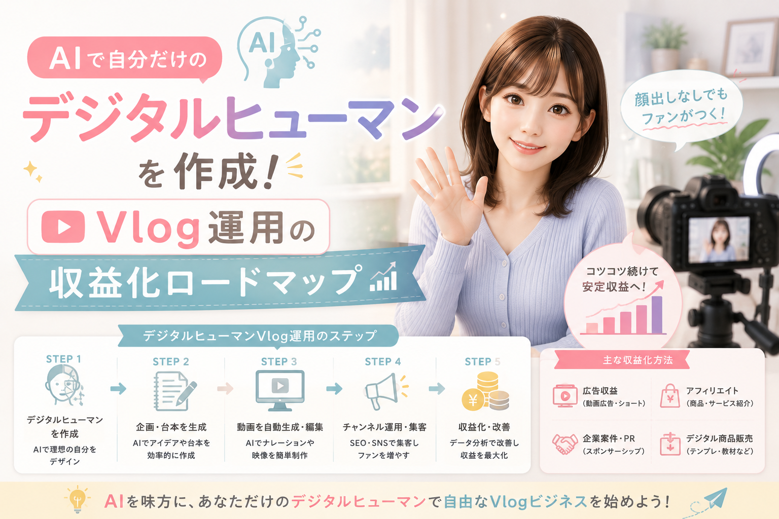 AIで自分だけのデジタルヒューマンを作成し、Vlog運用から集客、ファン化、広告収益やアフィリエイトなどの収益化につなげる流れを表現したアイキャッチ画像。
