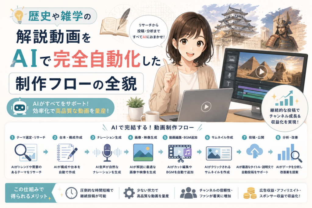 AIを活用して歴史や雑学の解説動画を制作し、テーマ選定、台本作成、ナレーション生成、画像・映像作成、編集、投稿、分析までを自動化する流れを表現したアイキャッチ画像。
