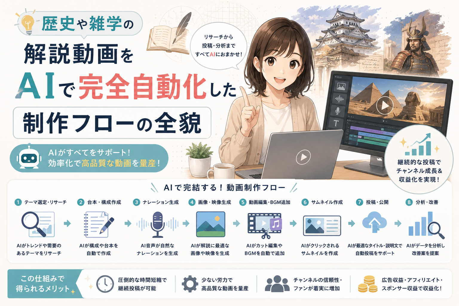AIを活用して歴史や雑学の解説動画を制作し、テーマ選定、台本作成、ナレーション生成、画像・映像作成、編集、投稿、分析までを自動化する流れを表現したアイキャッチ画像。