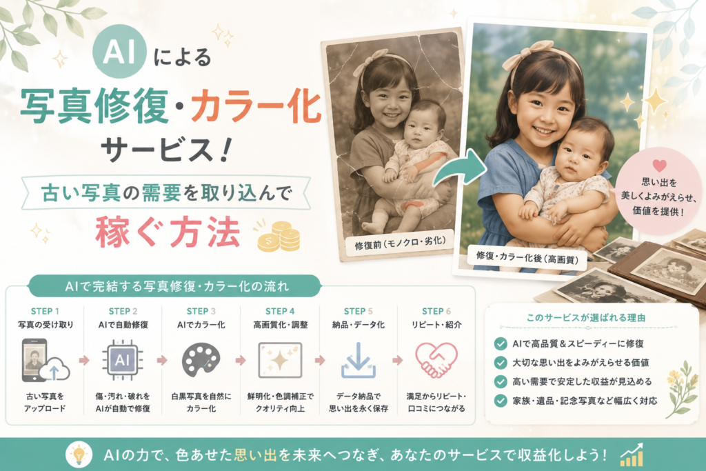 AIを活用して古い白黒写真や劣化した写真を修復・カラー化し、思い出をよみがえらせるサービスとして収益化する流れを表現したアイキャッチ画像。