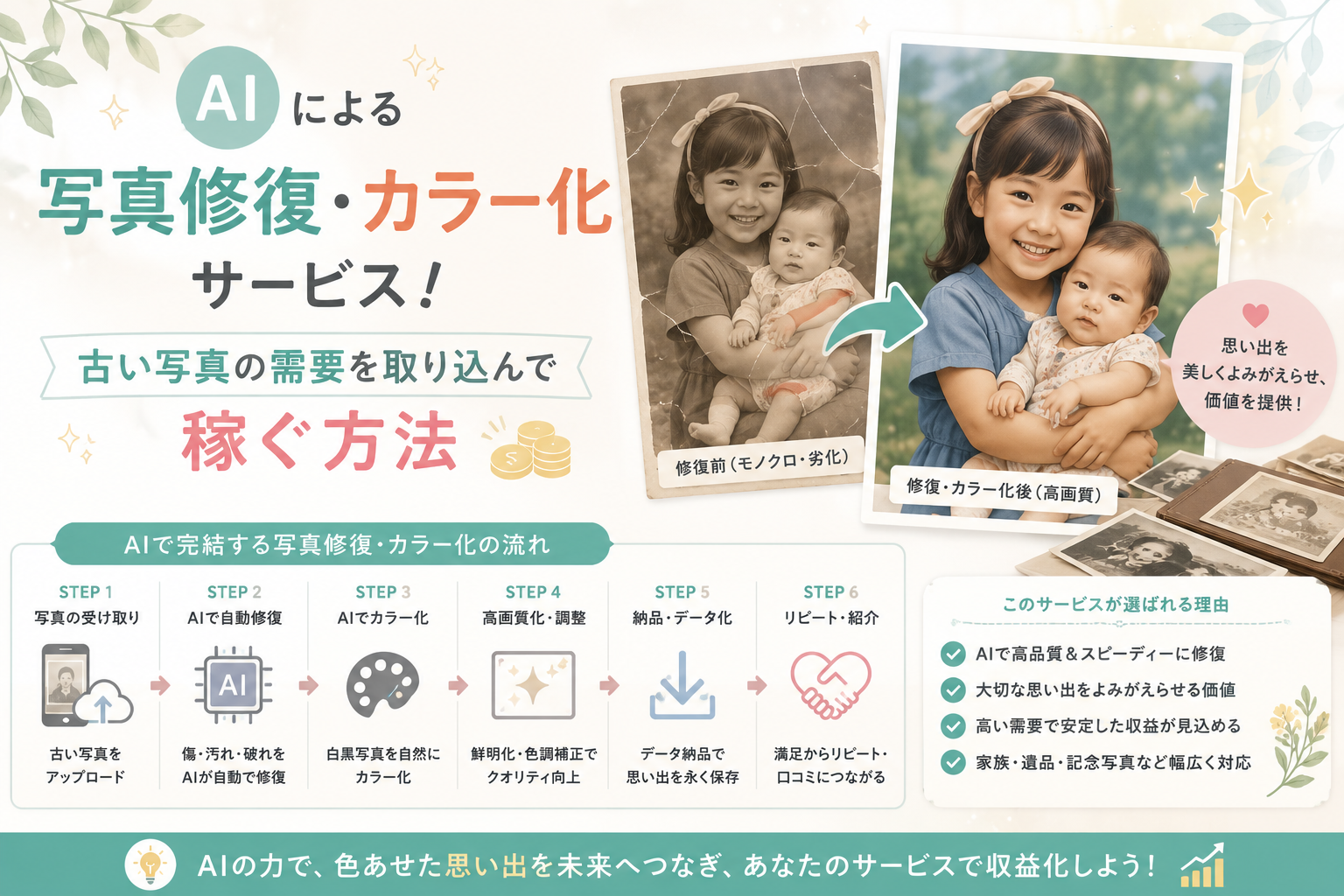 AIを活用して古い白黒写真や劣化した写真を修復・カラー化し、思い出をよみがえらせるサービスとして収益化する流れを表現したアイキャッチ画像。