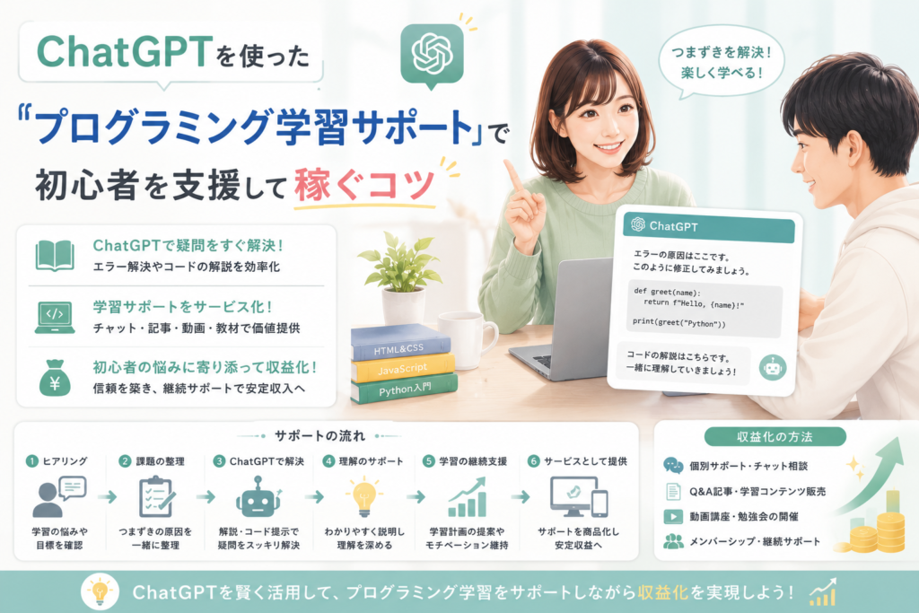ChatGPTを活用してプログラミング初心者の学習をサポートし、エラー解決やコード解説、継続支援を通じて収益化する流れを表現したアイキャッチ画像。