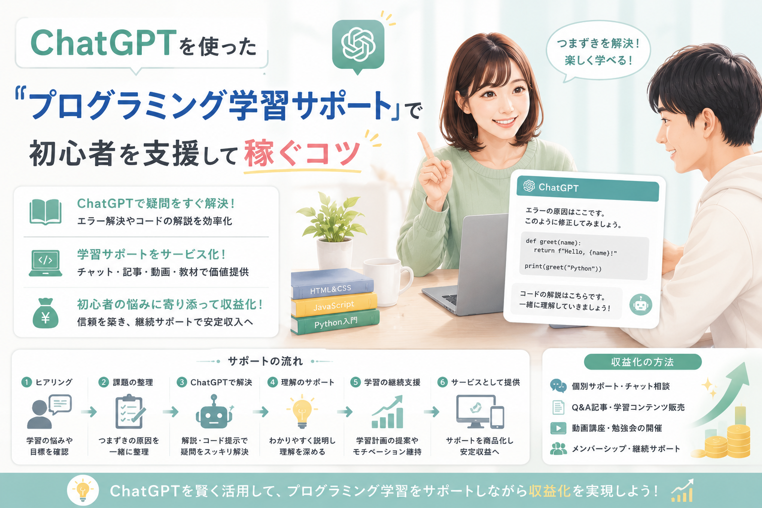 ChatGPTを活用してプログラミング初心者の学習をサポートし、エラー解決やコード解説、継続支援を通じて収益化する流れを表現したアイキャッチ画像。