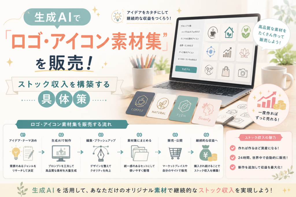 生成AIを活用してロゴやアイコン素材集を制作し、素材販売や継続的なストック収入につなげる流れを表現したアイキャッチ画像。