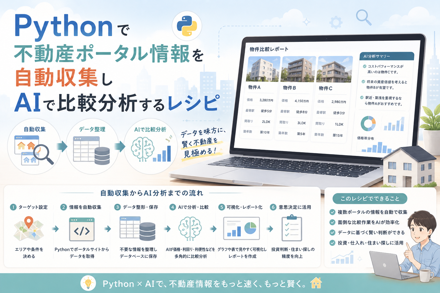 Pythonで不動産ポータル情報を自動収集し、AIで物件価格や利回り、立地条件などを比較分析する流れを表現したアイキャッチ画像。