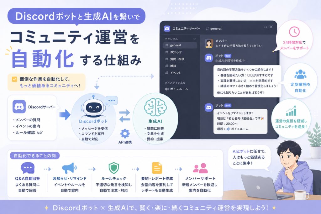 Discordボットと生成AIを連携し、質問対応、お知らせ配信、ルールチェック、会話要約、メンバーサポートなどのコミュニティ運営を自動化する仕組みを表現したアイキャッチ画像。