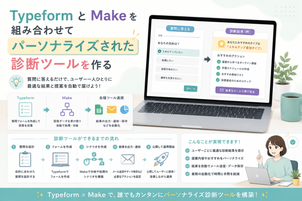 TypeformとMakeを組み合わせて、質問フォームの回答内容に応じたパーソナライズ診断結果を自動生成し、通知やデータ保存まで効率化する流れを表現したアイキャッチ画像。