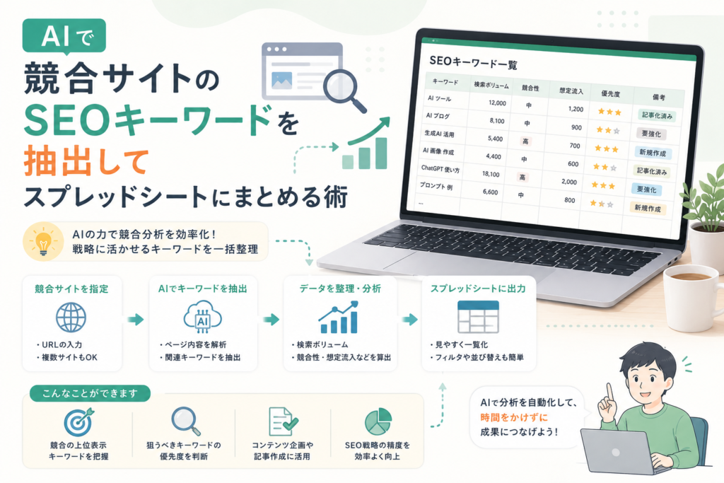 AIを活用して競合サイトのSEOキーワードを抽出し、検索ボリュームや競合性、優先度を整理してスプレッドシートにまとめる流れを表現したアイキャッチ画像。