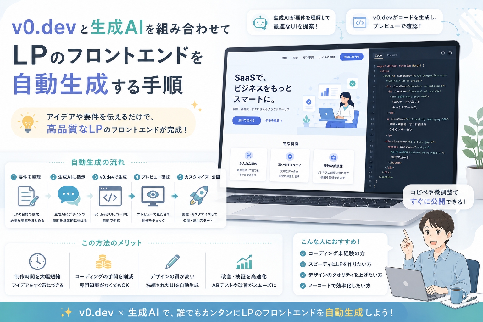 v0.devと生成AIを組み合わせて、LPの要件整理からUI生成、コード作成、プレビュー確認、カスタマイズ、公開までを効率化する流れを表現したアイキャッチ画像。