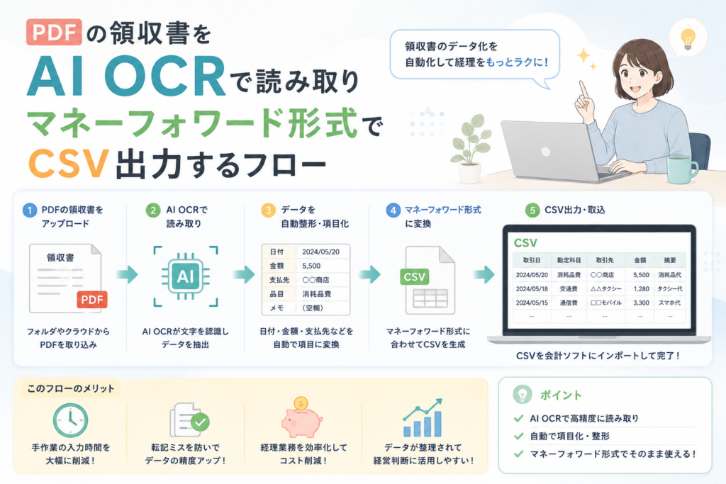 PDFの領収書をAI OCRで読み取り、日付・金額・支払先・勘定科目などを自動整理して、マネーフォワード形式のCSVとして出力する流れを表現したアイキャッチ画像。