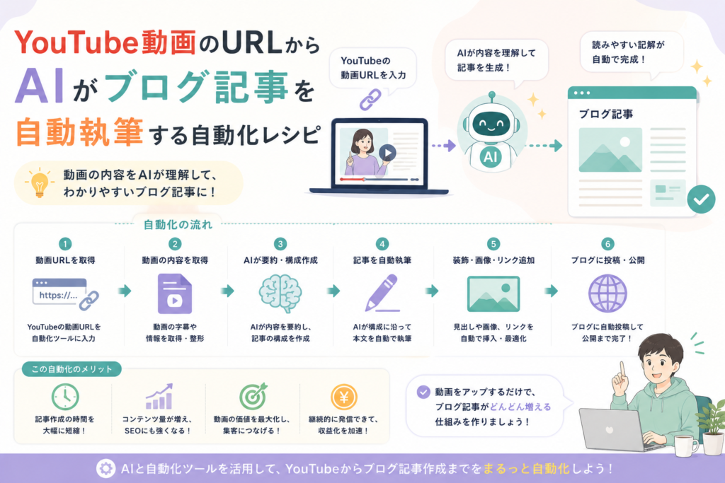 YouTube動画のURLをもとに、AIが動画内容を理解・要約し、構成作成からブログ記事の自動執筆、画像やリンク追加、投稿までを効率化する流れを表現したアイキャッチ画像。