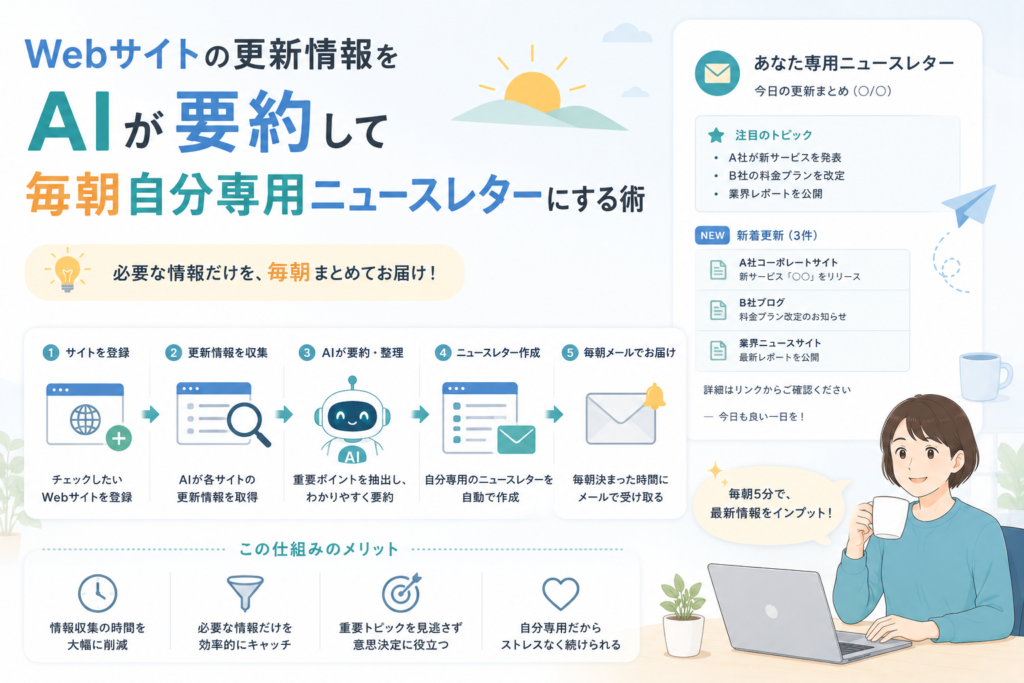Webサイトの更新情報をAIが自動収集・要約し、必要な情報だけを毎朝自分専用ニュースレターとして届ける流れを表現したアイキャッチ画像。