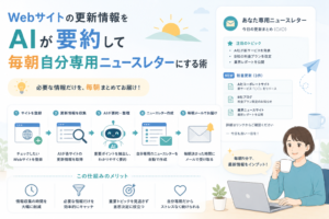 Webサイトの更新情報をAIが自動収集・要約し、必要な情報だけを毎朝自分専用ニュースレターとして届ける流れを表現したアイキャッチ画像。