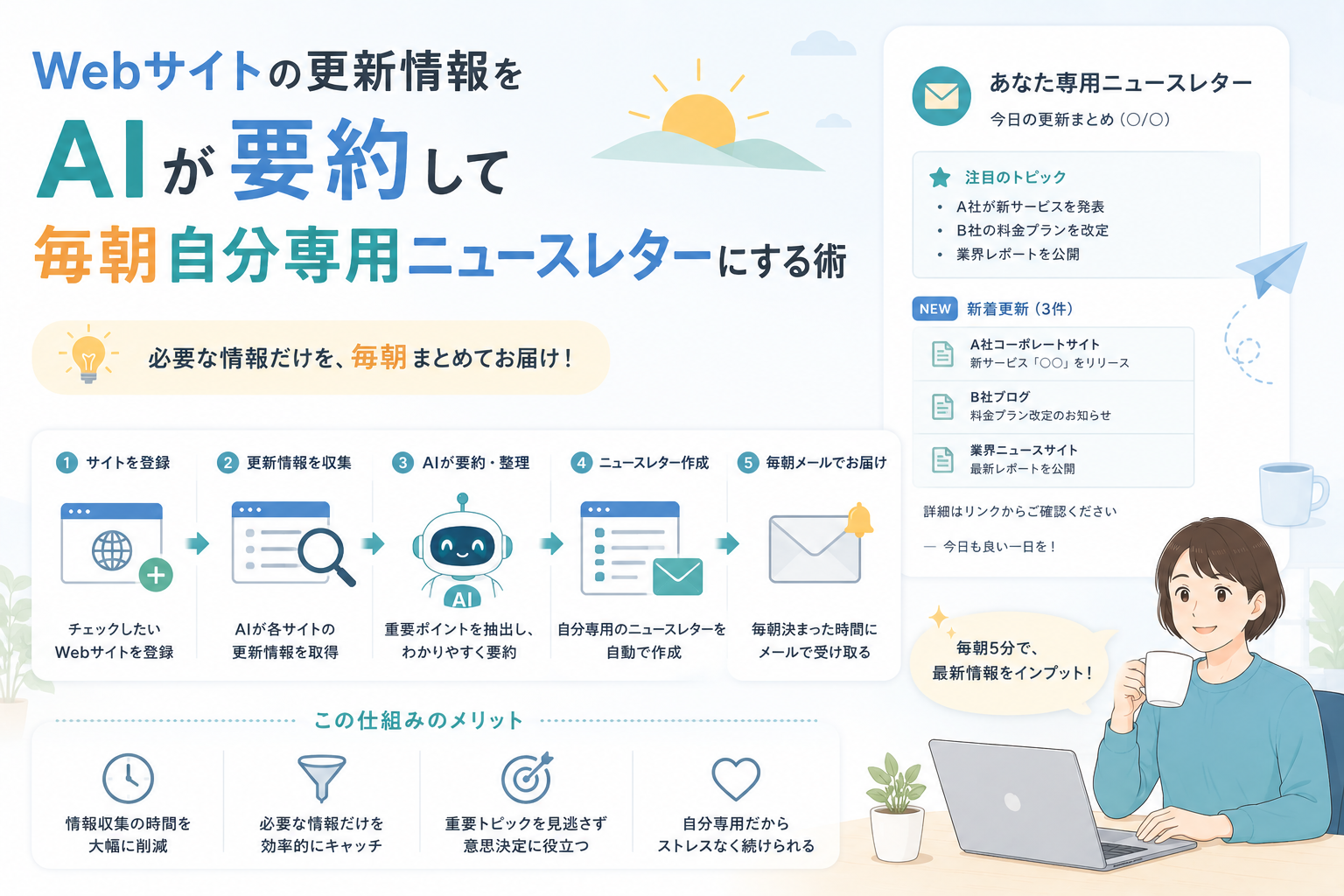Webサイトの更新情報をAIが自動収集・要約し、必要な情報だけを毎朝自分専用ニュースレターとして届ける流れを表現したアイキャッチ画像。