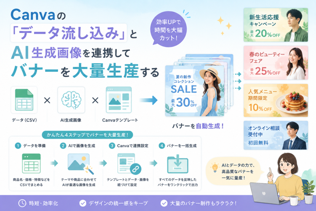 Canvaのデータ流し込み機能とAI生成画像を連携し、CSVデータやテンプレートを使って複数のバナーを効率的に大量生成する流れを表現したアイキャッチ画像。