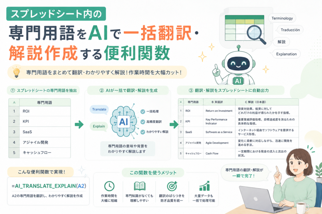 スプレッドシート内の専門用語をAIが読み取り、翻訳とわかりやすい解説を一括生成して表に自動出力する流れを表現したアイキャッチ画像。