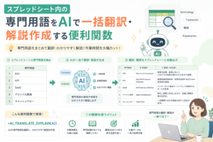 スプレッドシート内の専門用語をAIが読み取り、翻訳とわかりやすい解説を一括生成して表に自動出力する流れを表現したアイキャッチ画像。