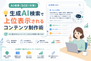 AI検索や生成AI検索で上位表示されるために、検索意図の理解、信頼性・専門性の強化、網羅性のある解説、引用されやすい構成を意識したコンテンツ制作術を表現したアイキャッチ画像。