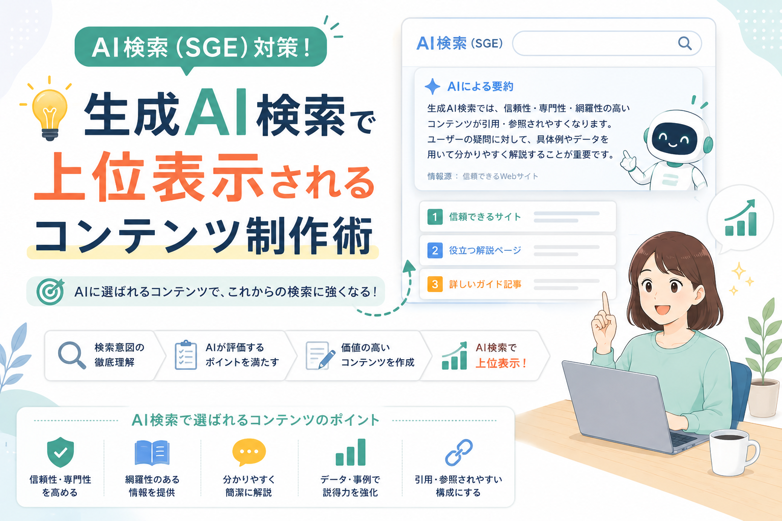 AI検索や生成AI検索で上位表示されるために、検索意図の理解、信頼性・専門性の強化、網羅性のある解説、引用されやすい構成を意識したコンテンツ制作術を表現したアイキャッチ画像。