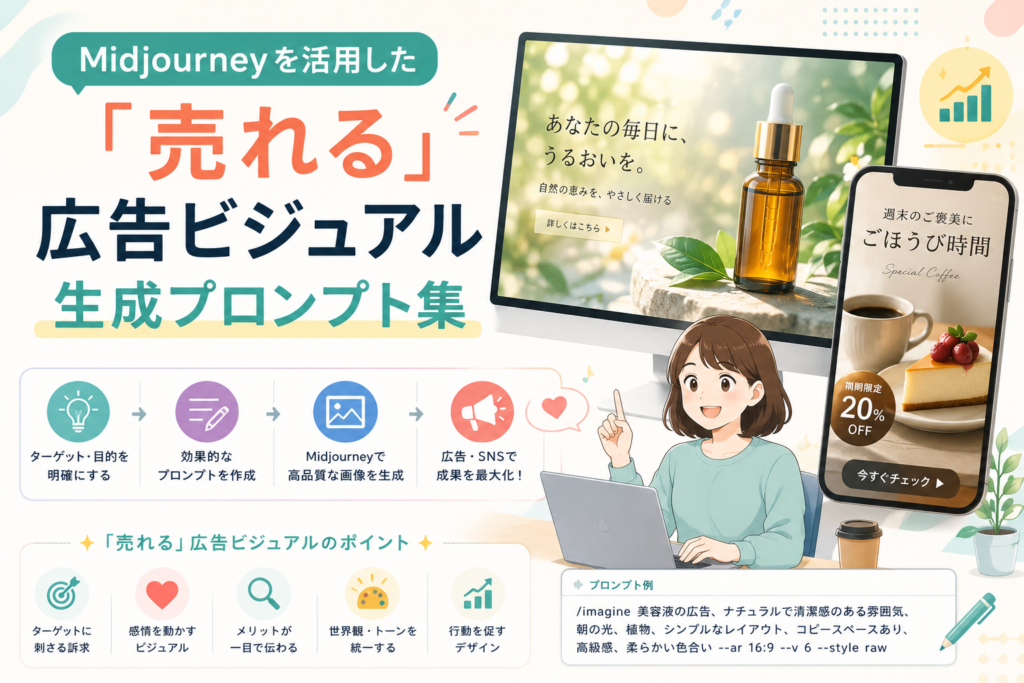 Midjourneyを活用して売れる広告ビジュアルを生成するためのプロンプト設計、ターゲット設定、商品訴求、SNS広告への活用方法を表現したアイキャッチ画像。
