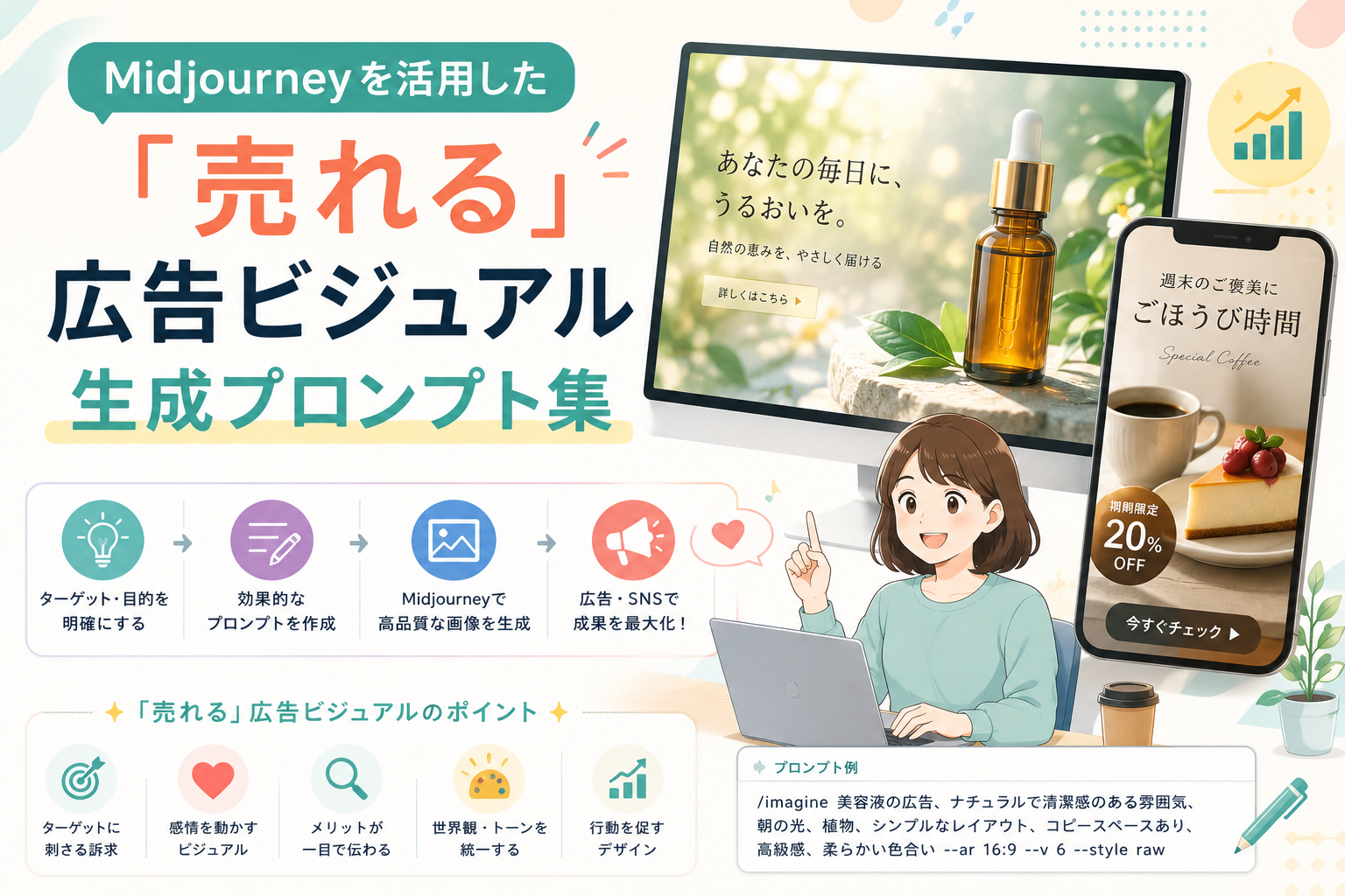 Midjourneyを活用して売れる広告ビジュアルを生成するためのプロンプト設計、ターゲット設定、商品訴求、SNS広告への活用方法を表現したアイキャッチ画像。